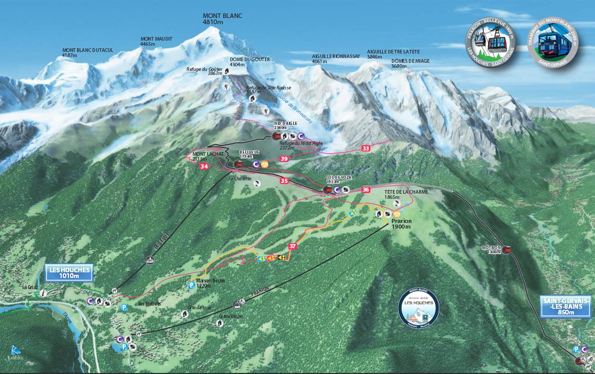Pomocniczy schemat dróg kolejek w okolicy Mont Blanc.